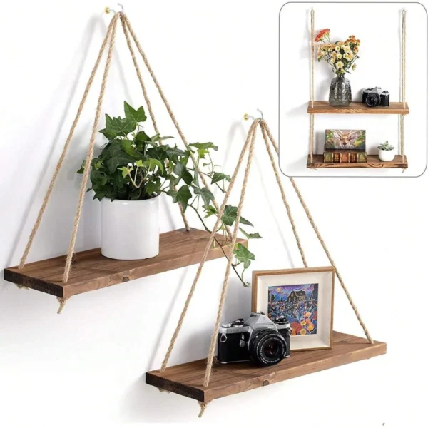 Upgrade your decor with the Wooden Swing Hanging Rope Wall Shelf. Rustic natural wood, adjustable balance, easy installation, perfect for plants, photos, or small decorations.