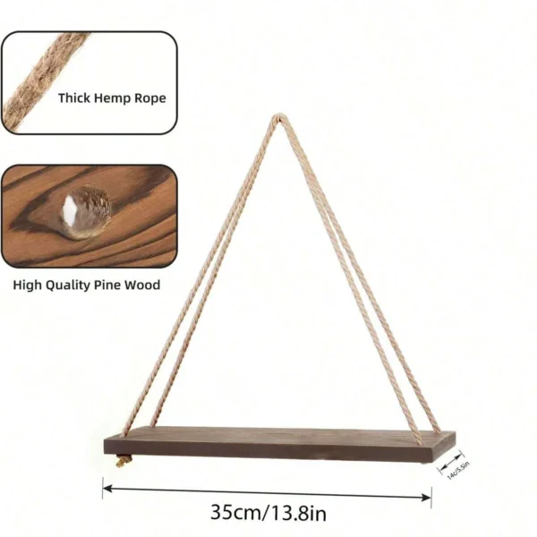 Wooden Swing Hanging Rope Wall Shelf – Floating Rustic Home Decor for Plants, Photos, and Storage - Image 5