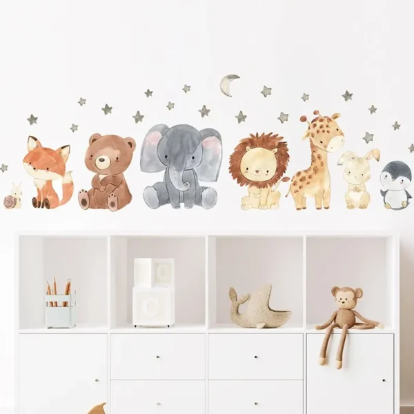 Add charm to kids' spaces with the 2-Piece Cartoon African Animal Wall Stickers. Adorable elephant, giraffe, bear, and fox designs perfect for bedrooms, playrooms, and kindergartens.