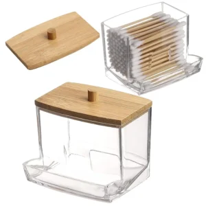 Organize your essentials with this Clear Cotton Swab Holder featuring a stylish bamboo lid. Perfect for cotton swabs, pads, and small accessories, it's an eco-friendly storage solution for your bathroom.
