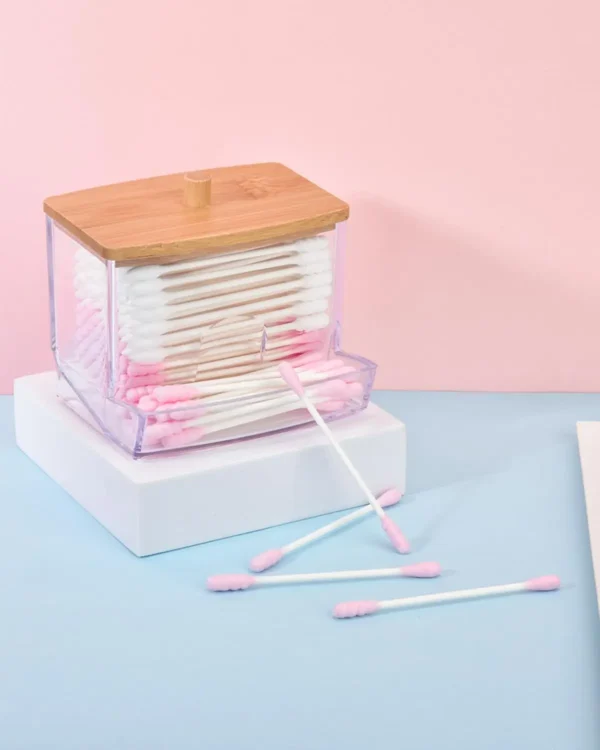 Clear Cotton Swab Holder with Bamboo Lid – Stylish Bathroom Storage Container - Image 5