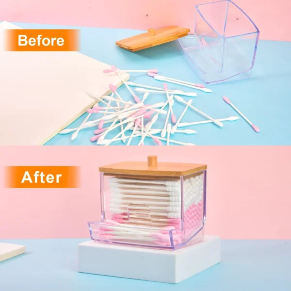Clear Cotton Swab Holder with Bamboo Lid – Stylish Bathroom Storage Container - Image 3