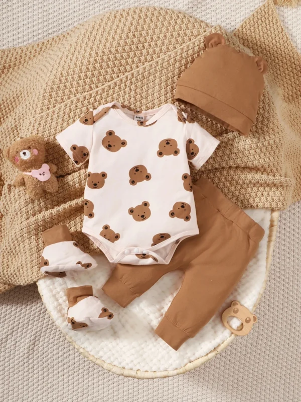 Adorable 4PCS baby boy outfit set with bear design, including a short sleeve romper, pants, hat, and socks. Perfect for newborn full moon photography or casual wear.