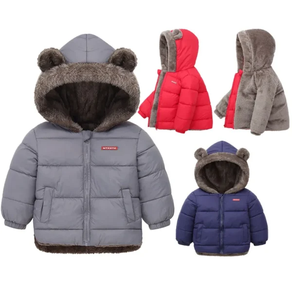 Stay warm and stylish with this hooded fleece coat for babies. Perfect for winter, made with cotton & polyester blend and cashmere padding to keep your little one cozy.