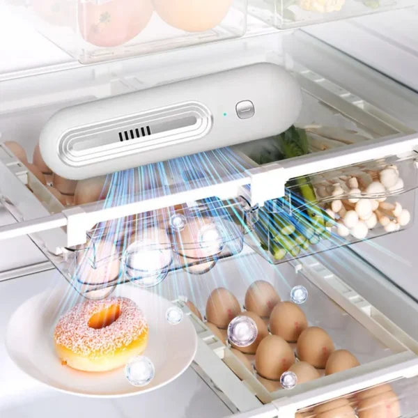 Keep your refrigerator, car, wardrobe, and home smelling fresh with the USB Rechargeable Refrigerator Deodorizer & Air Purifier. Effectively removes odors and extends the shelf life of food with ozone technology.