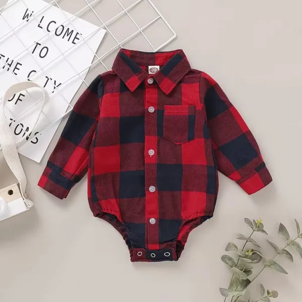 Newborn Baby Boy Plaid Romper – Long Sleeves Red Plaid Bodysuit, Spring & Autumn Fashion Jumpsuit for Infants (0-18 Months) - Image 2