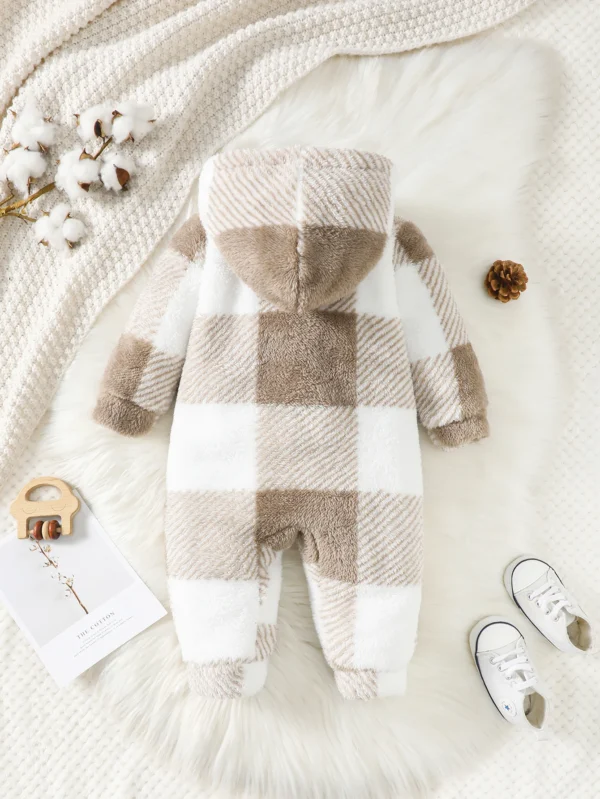 Winter Baby Boys & Girls Plaid Romper – Hooded Long Sleeved Plush Jumpsuit for Toddlers (3-24 Months) - Image 6