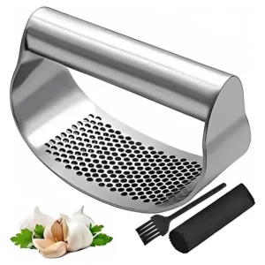 Effortlessly mince garlic and ginger with this Upgraded Stainless Steel Garlic Press featuring an ergonomic design. Durable, easy to clean, and eco-friendly, it's a must-have kitchen tool.