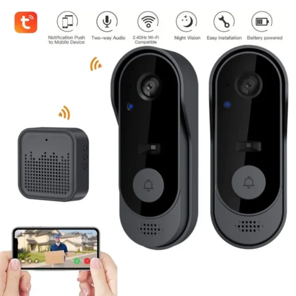 Secure your home with the Tuya WIFI Camera Doorbell, featuring HD video, IR night vision, and two-way intercom. This wireless waterproof doorbell integrates with your smart home system for easy control and enhanced security.