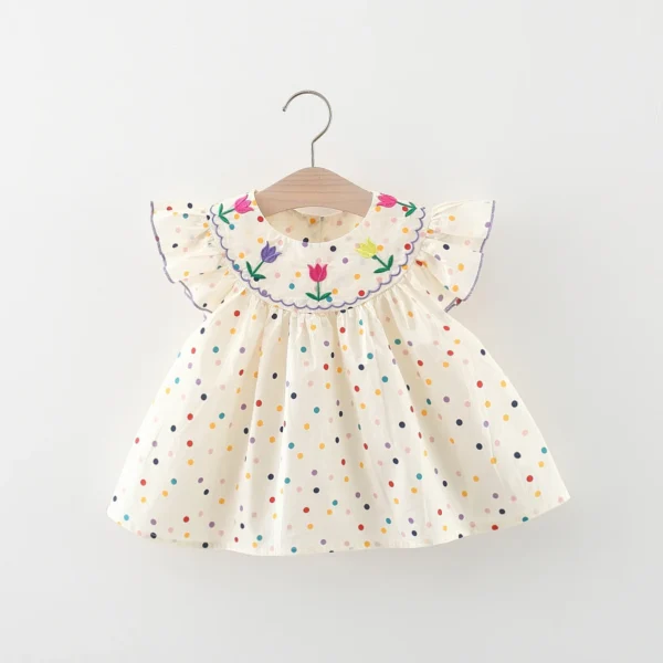 Adorable cotton baby girl summer dress with flower embroidery and colorful polka dots. Perfect A-line knee-length outfit for baby girls aged 0-36 months.