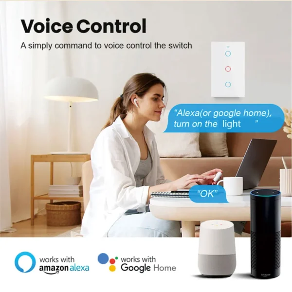 Tuya US WiFi Smart Wall Switch – No Neutral Wire, Touch Sensor, Alexa & Google Home Compatible - Image 2