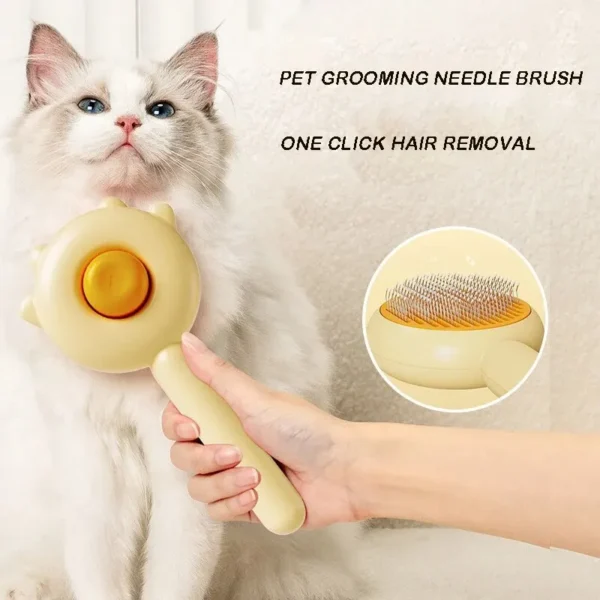 A magic massage comb for cats and dogs, featuring stainless steel bristles, skin-friendly needles, and a one-click cleaning button for easy grooming.