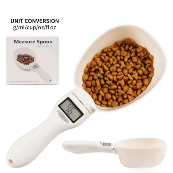 Accurate Pet Food Measuring Spoon Scale with LCD display for precise portion control. Ideal for cat & dog food. Detachable & easy to clean!