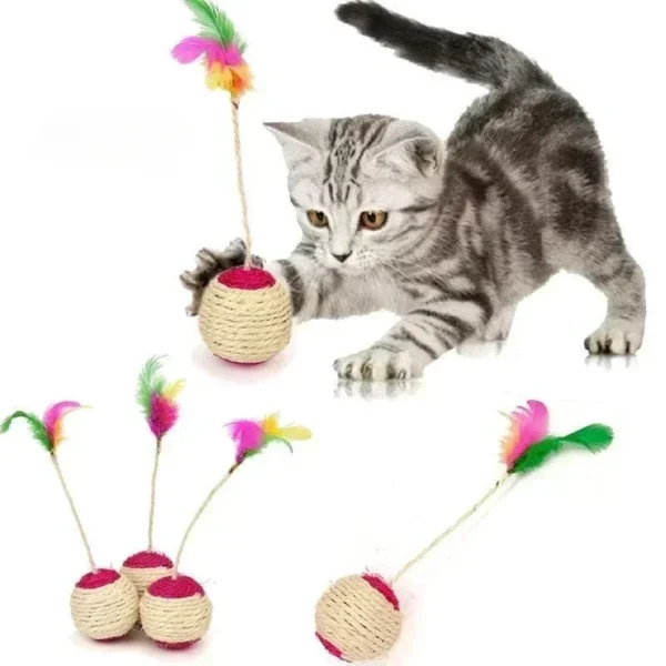 Engage your cat with the Sisal Scratching Ball toy. Made from natural sisal, this interactive ball with feathers promotes healthy claws and provides endless entertainment.