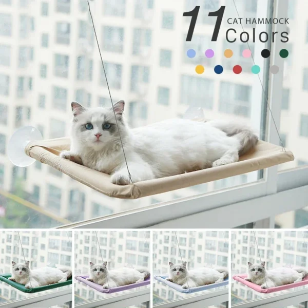 This hanging cat hammock supports up to 20KG (40 lbs) with strong suction cups, a breathable Oxford fabric cover, and easy installation—perfect for sun-loving cats!