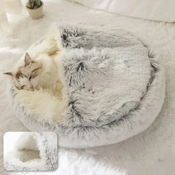 Plush Hooded Pet Bed – 2-in-1 Fluffy Sleeping Nest for Cats & Small Dogs - Image 3