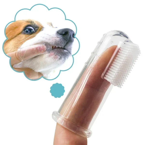 Super Soft Pet Finger Toothbrush for dogs and cats. Silica gel material helps clean teeth, reduce tartar, and control bad breath for healthier pet oral hygiene.