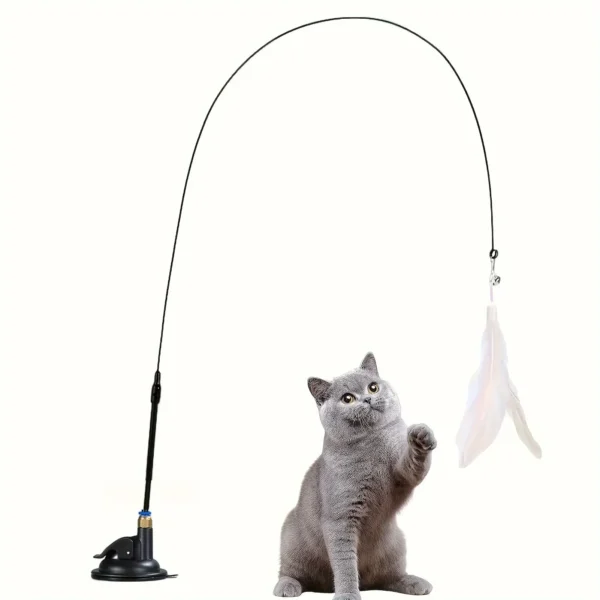 The Cat Teaser Toy features an interactive bell & feather wand attached to a long suction cup pole, providing hours of fun and exercise for your cat, perfect for improving agility and bonding.