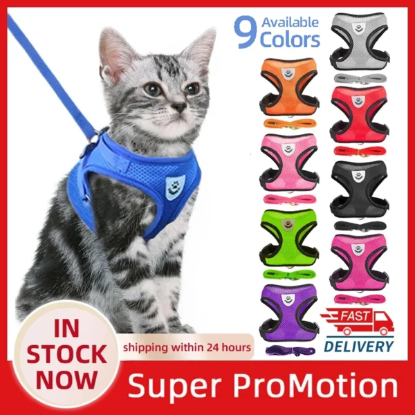 Breathable and adjustable Cat Harness Vest with Leash, designed for comfort and security. No-pull, escape-proof fit for small & medium pets.