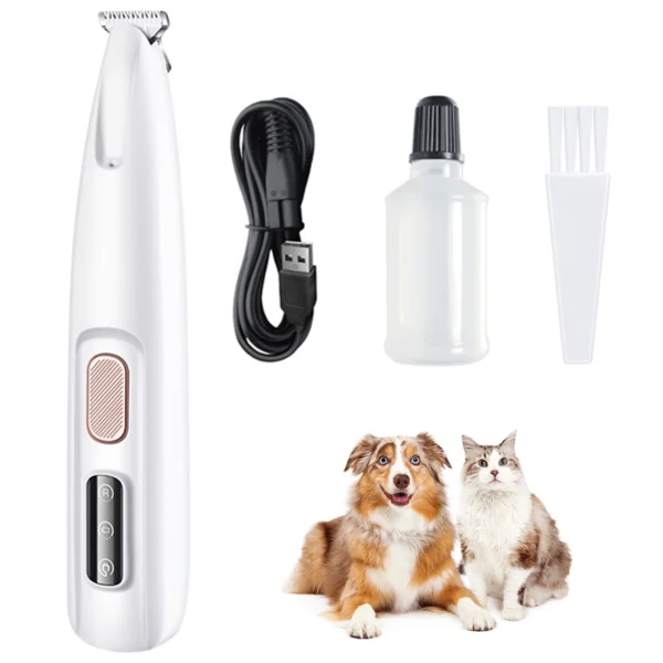 The Rechargeable Pet Paw Trimmer with LED Light features a quiet motor, waterproof design, and fast-charging battery, perfect for precise trimming on dogs and cats.