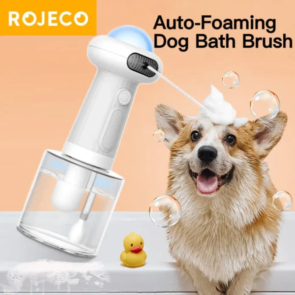 The ROJECO Pet Automatic Soap Dispenser is a USB rechargeable foam maker for pets, featuring IPX7 waterproof design, 400ml capacity, and is compatible with all shampoos, making bath time easier and more efficient for cats and dogs.