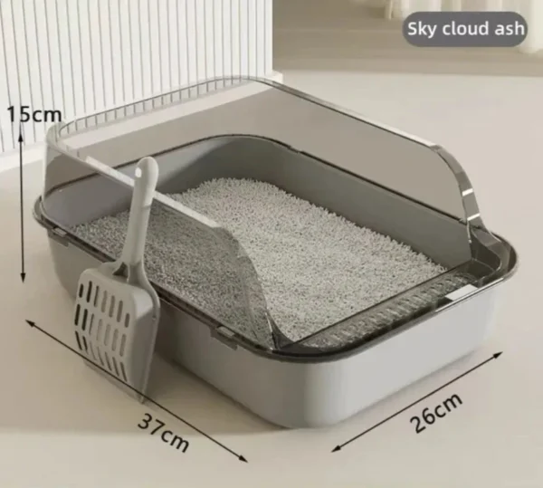 The Kitty Sandbox Semi-Enclosed Cat Litter Box features a splashproof design, odor control, and raised edges to keep your home clean and fresh. Ideal for small to large cats.