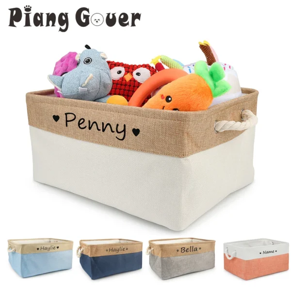 A customizable dog toy basket made of durable linen fabric, perfect for storing your pet's toys, clothes, and accessories. Personalized with your pet's name!